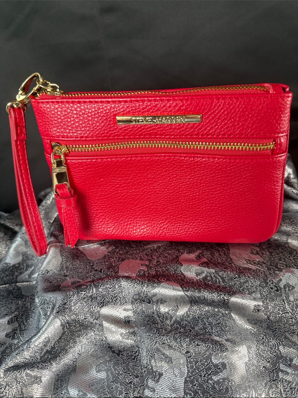 Steve Madden Red Leather Wristlet Clutch with Gold Hardware